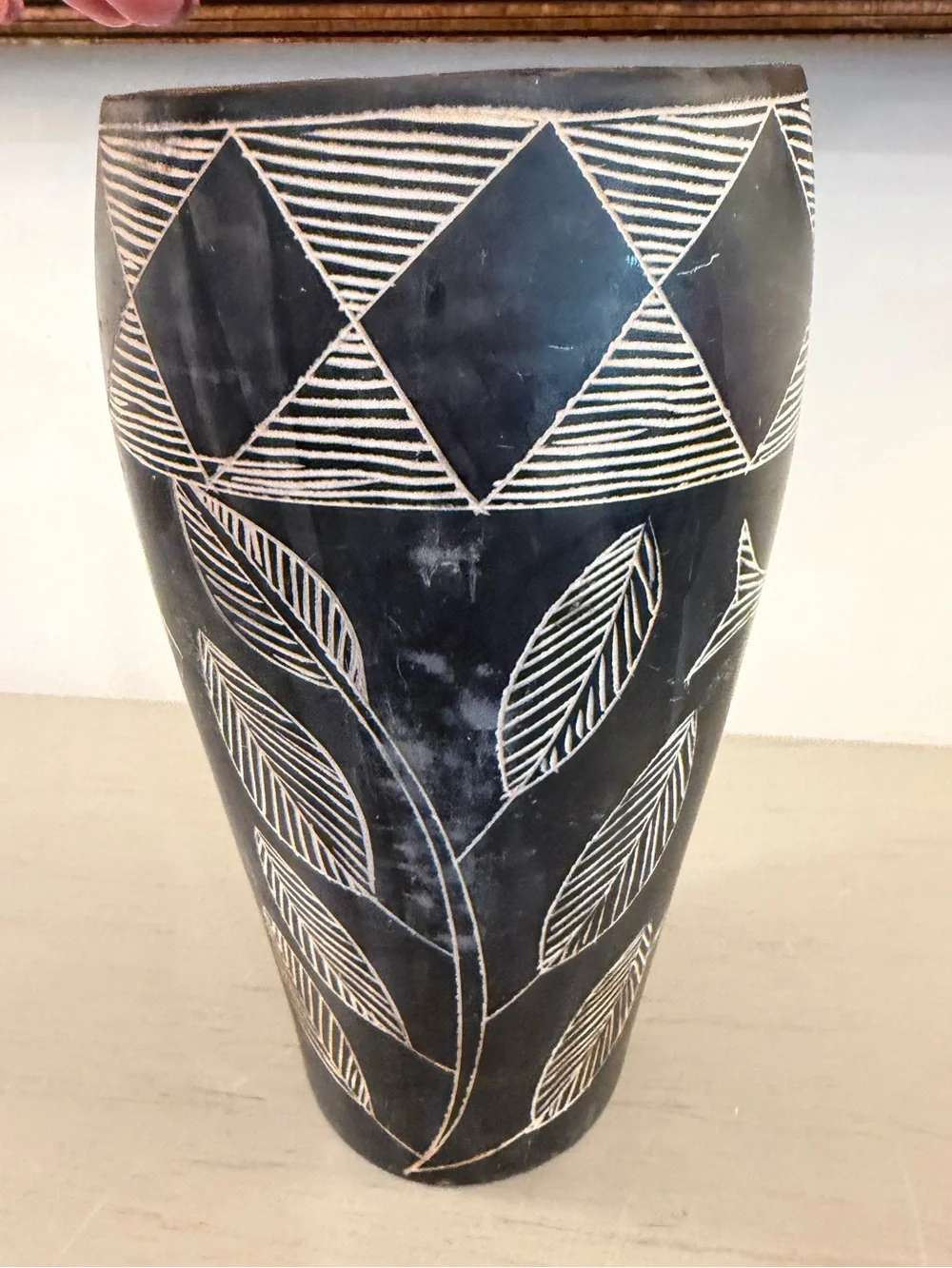 Hand Carved African Soapstone Vase Fish Plants Black White 8” Vessel